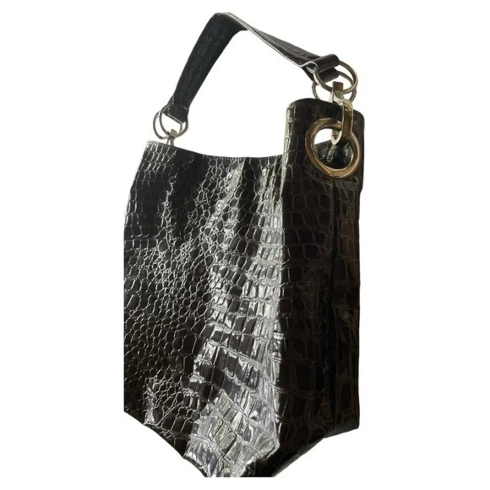 Braciano‎ Croc Embossed Faux Patent Hobo Shoulder Bag Purse Brown Large Glam
